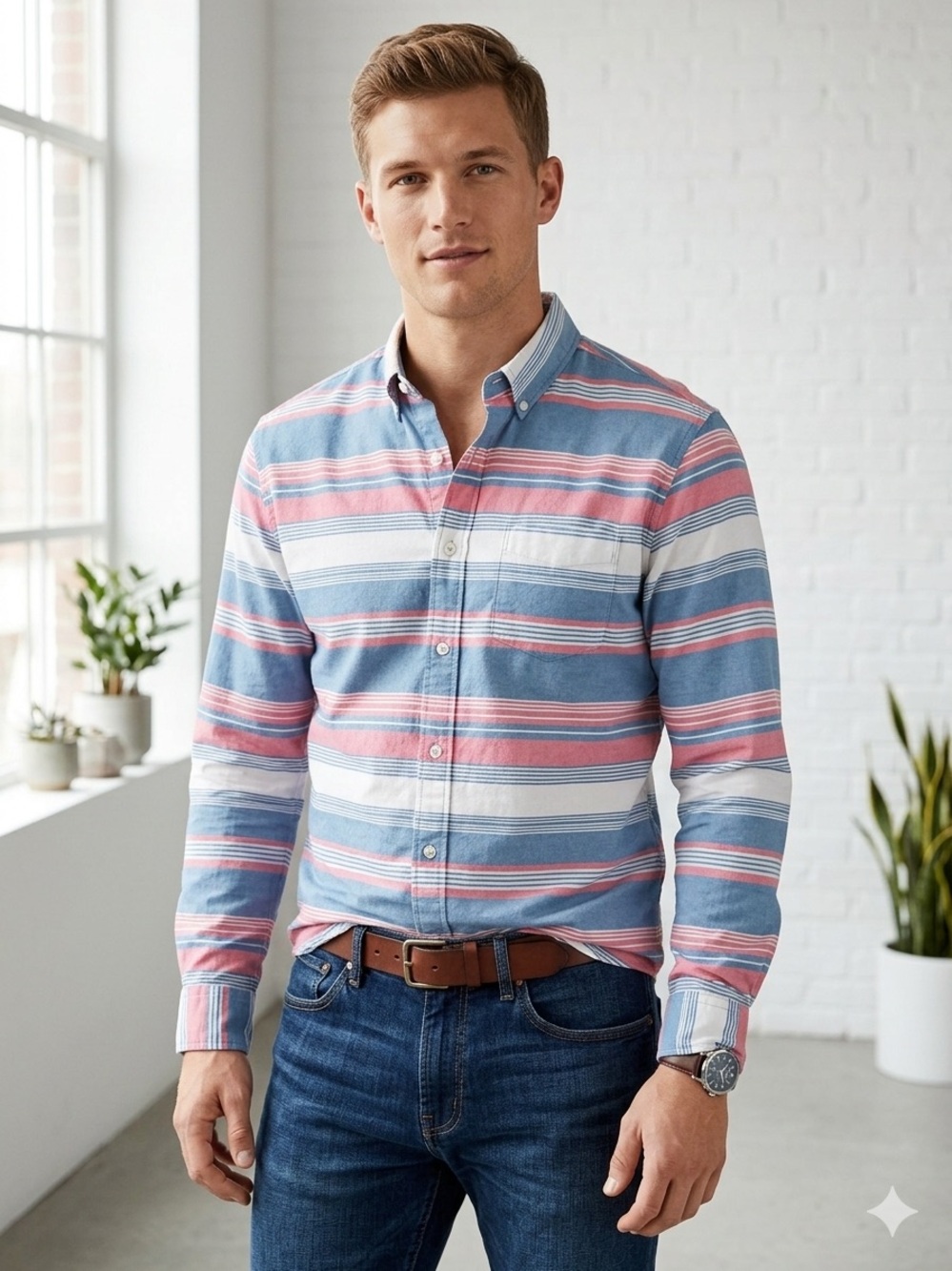 American Eagle Outfitters Men’s Blue, Coral & White Striped Button-Down Shirt